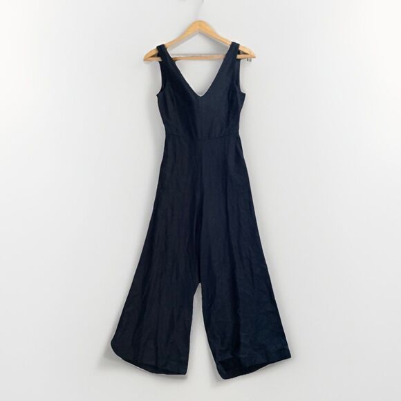 Reset by Jane Cropped Jumpsuit Small Linen Blend Black V-neck Tie Back Pockets - Picture 1 of 6